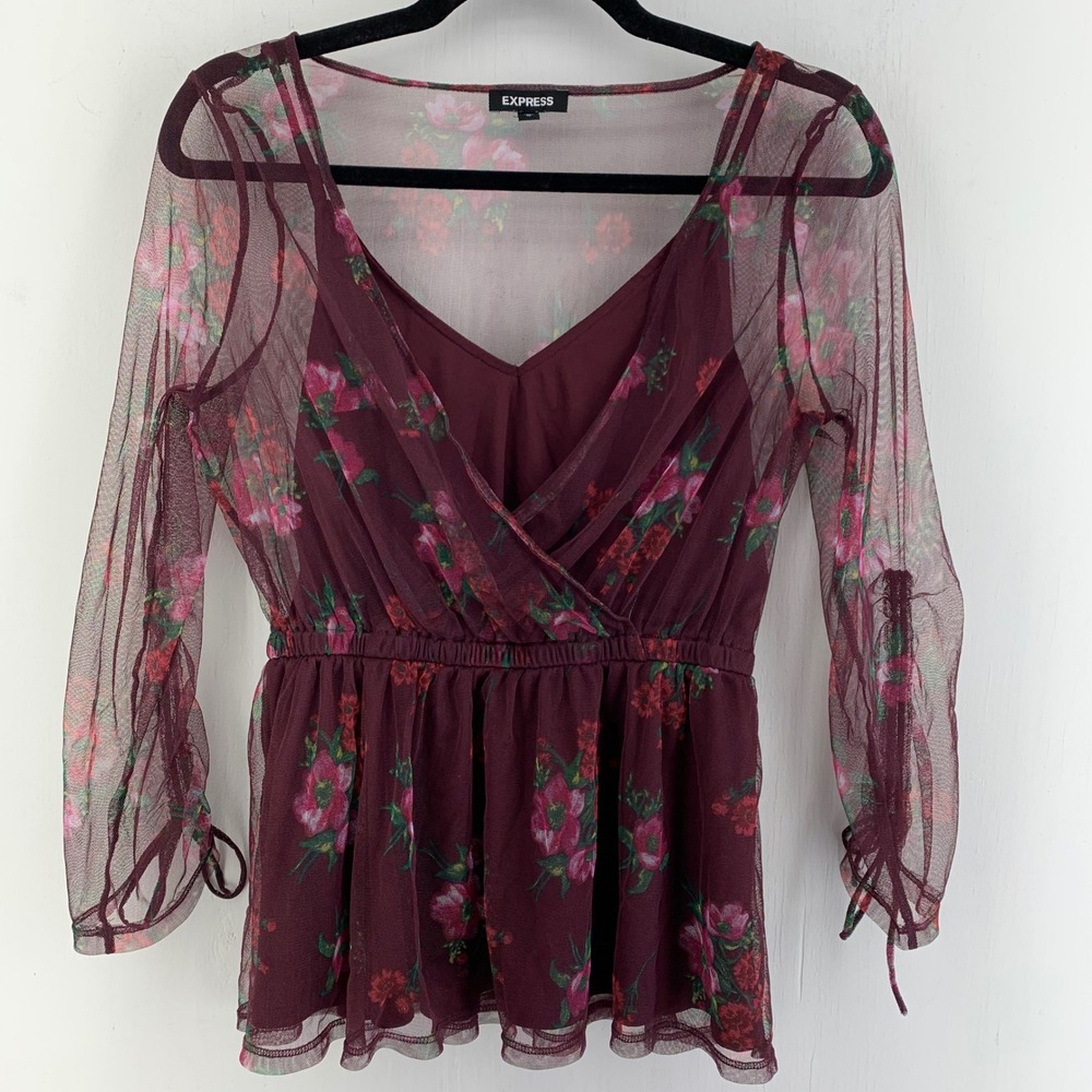 Express Womens Medium Dark Floral Mesh Sheer Top Whimsigoth Fairy Grunge Goth